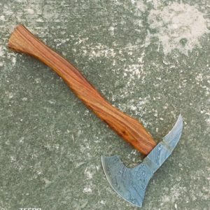 Hand Forged Damascus Steel Viking Tomahawk Axe with Rosewood Handle and Leather Sheath