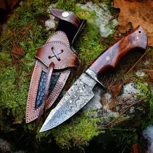 Hand Forged Damascus Steel Knife with Rosewood Handle β Outdoor, Camping, EDC, Survival Hunting Knife with Leather Sheath